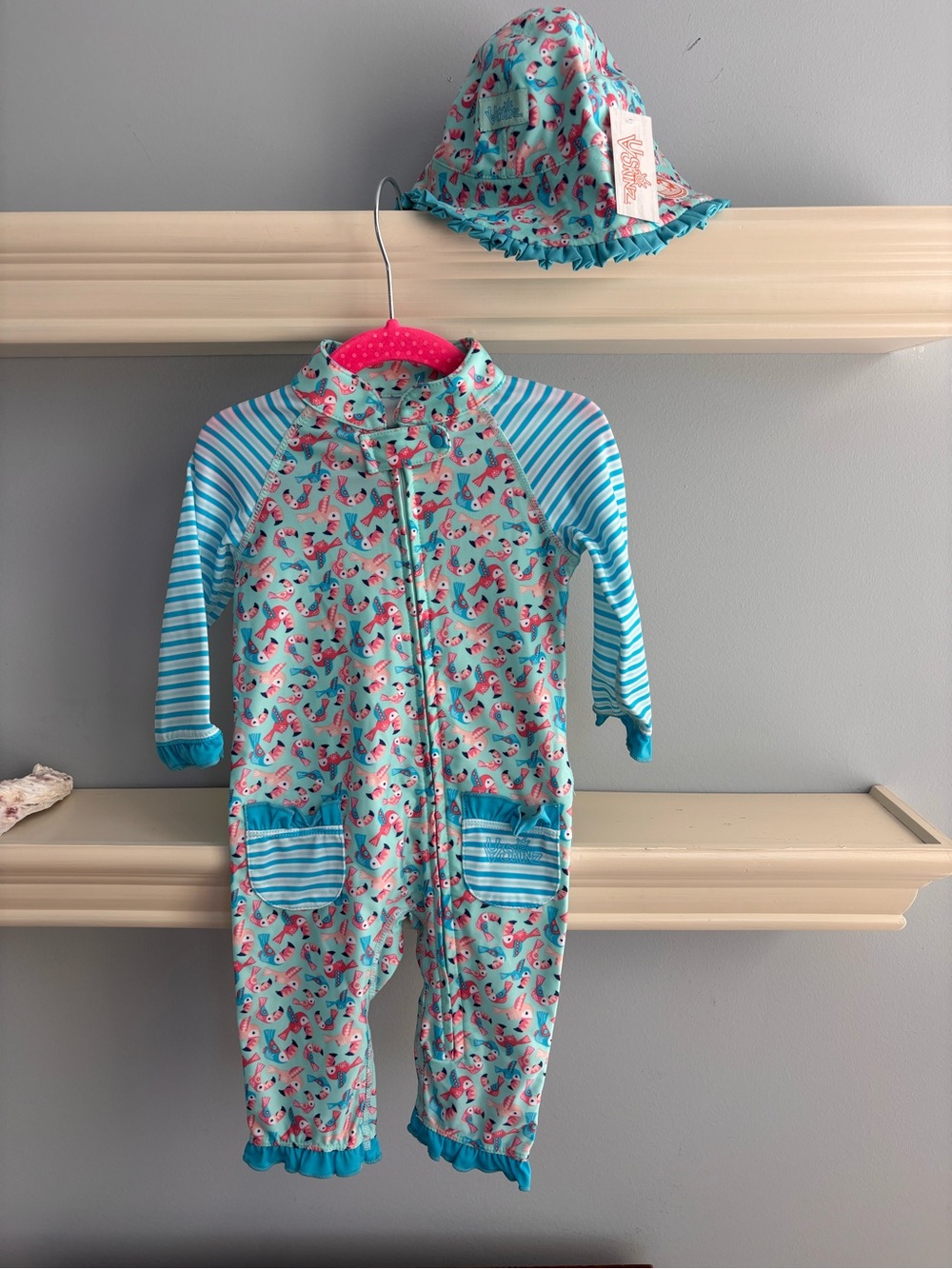 NWT - Turquoise Parrot-Print Zip Swim Footie with Matching Hat